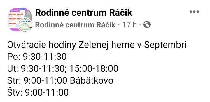 Otváracie hodiny Zelenej herne v Septembri